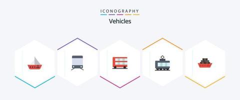 Pacote de ícones planos de 25 veículos, incluindo navio. transporte. ônibus. bonde. transporte vetor