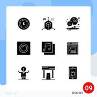 pacote de 9 sinais e símbolos de glifos sólidos modernos para mídia impressa na web, como álbuns, luz de negócios, escritório, elementos de design de vetores editáveis