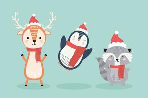 rena e pinguim com guaxinim usando personagens de roupas de natal vetor