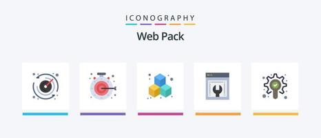 web pack flat 5 icon pack incluindo . engrenagem. caixa. procurar. desenvolvimento web. design de ícones criativos vetor