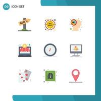 Pacote de cores planas de 9 interfaces de usuário de sinais e símbolos modernos de alerta de tempo, alarme de labirinto, investimento, elementos de design de vetores editáveis