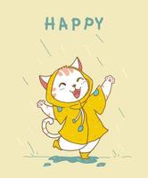 gato branco fofo e feliz com uma capa de chuva amarela pulando na chuva