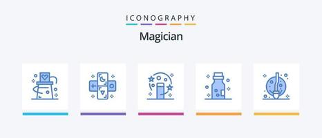 pacote de ícones mágico azul 5, incluindo vassoura. perigo. zodíaco. química. transformação. design de ícones criativos vetor