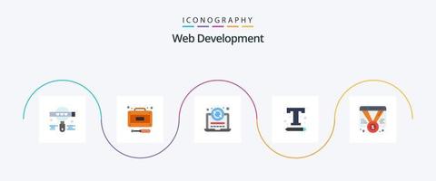 desenvolvimento web flat 5 icon pack incluindo distintivo. configurações de texto. computador portátil. texto. Fonte vetor