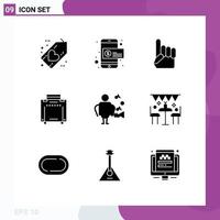 9 ícones criativos sinais modernos e símbolos de dinheiro de viagem de música turista americano elementos de design de vetores editáveis