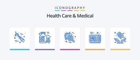 cuidados de saúde e pacote de ícones médicos azuis 5, incluindo saúde. médico. checar. batimento cardiaco. vírus. design de ícones criativos vetor