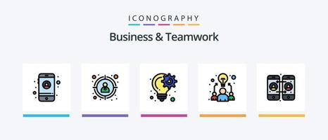 a linha de negócios e trabalho em equipe preencheu o pacote de 5 ícones, incluindo o tempo. calendário. moedas. trabalhadores. folha. design de ícones criativos vetor