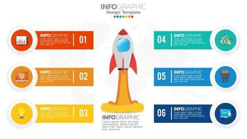 Infografia de inicialização de 6 etapas com lançamento de foguete. conceito de negócios e finanças. vetor