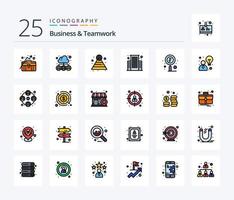 pacote de ícones preenchidos de 25 linhas de negócios e trabalho em equipe, incluindo pesquisa. busca. do utilizador. Centro. prédio vetor