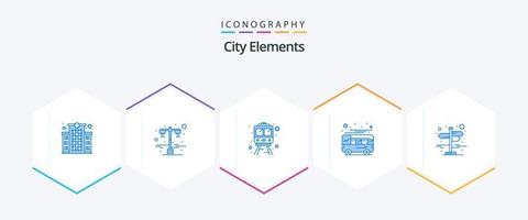 elementos da cidade 25 pacote de ícones azul, incluindo direção. transporte. trilho. local. ônibus vetor