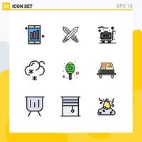 9 interface do usuário pacote de cores planas de linha cheia de sinais e símbolos modernos de instrumentos de mala de viagem de maracas de poder elementos de design de vetores editáveis de neve