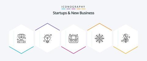 startups e novos pacotes de ícones de 25 linhas de negócios, incluindo finanças. dinheiro. caso. rede. economia vetor