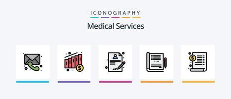 a linha de serviços médicos preencheu o pacote de 5 ícones, incluindo prescrição. hospital. papel médico. documento. médico. design de ícones criativos vetor