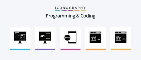 pacote de ícones de programação e codificação de glifos 5, incluindo desenvolvimento. código. desenvolvimento. desenvolvimento. css. design de ícones criativos vetor