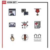 pacote de interface do usuário de 9 cores planas básicas de linhas preenchidas de bebida sms decoração mensagem e-mail elementos de design vetorial editáveis vetor