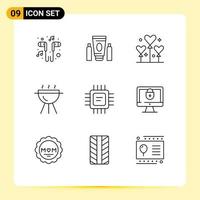 9 ícones criativos, sinais e símbolos modernos de cpu, cozinheiro, saúde, churrasco, dia dos namorados, vetores editáveis, elementos de design