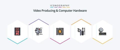 produção de vídeo e pacote de ícones de 25 linhas preenchidas de hardware de computador, incluindo equipamentos. personalizado. Engenharia. reaair. processador vetor