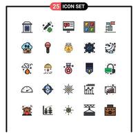 conjunto de cores planas de linha cheia de interface móvel de 25 pictogramas de tutorial de construção de vírus de cédula eleitoral elementos de design de vetores editáveis