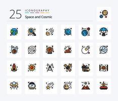 pacote de ícones preenchidos com 25 linhas de espaço, incluindo aventura. espaço. meteoro. astronomia. estrela vetor
