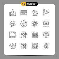 grupo de símbolos de ícone universal de 16 contornos modernos de chuva chuvosa, limpeza de nuvens, notícias, elementos de design de vetores editáveis