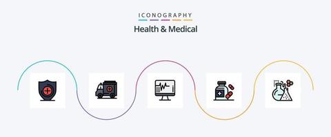 saúde e linha médica preenchida com 5 ícones planos, incluindo . teste. hospital. laboratório. medicamento vetor