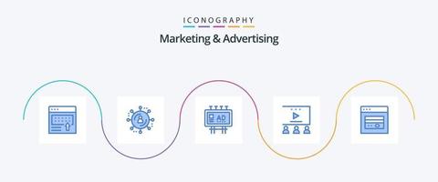 pacote de ícones de marketing e publicidade azul 5, incluindo atm. publicidade em vídeo. anúncio. marketing de mídia social. publicidade vetor