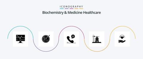 bioquímica e medicina saúde glifo 5 pacote de ícones incluindo cuidados. transfusão. móvel. reidratação. assistência médica vetor