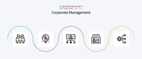 linha de gerenciamento corporativo preenchida com 5 ícones planos, incluindo documento. distintivo. profissional. organização. liderança vetor