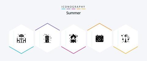 pacote de ícones de 25 glifos de verão, incluindo praia. sol. fogueira. data. praia vetor