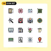 pacote de interface do usuário de 16 linhas básicas cheias de cores planas de elementos de design de vetor criativo editável de calendário de segurança de martelo