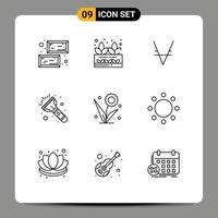 conjunto de pictogramas de 9 contornos simples de flora de flores via elementos de design de vetores editáveis em flash de tocha de moeda