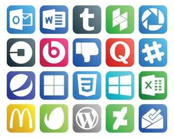 Pacote de 20 ícones de mídia social, incluindo Windows Delicious Beats Pill Pepsi Slack vetor