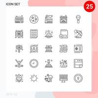 grupo de sinais e símbolos de 25 linhas para produção de microfone de som, site, microfone, elementos de design de vetores editáveis
