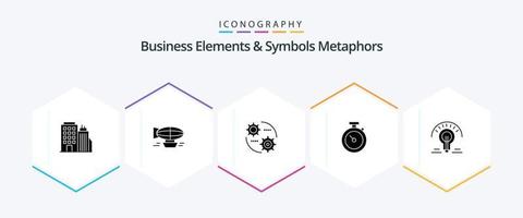 elementos de negócios e metáforas de símbolos 25 pacote de ícones de glifos, incluindo tempo. cronômetro. feriado. temporizador. engrenagem vetor