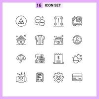 conjunto de pictogramas de 16 contornos simples de segurança, dinheiro, skate, esporte, vetores editáveis, elementos de design