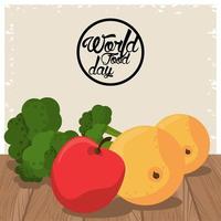 pôster do dia mundial da comida com vegetais na placa de madeira vetor