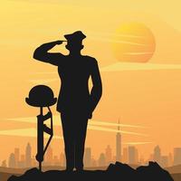 oficial militar com capacete no rifle na cena do pôr do sol vetor