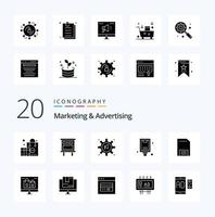 20 pacotes de ícones de glifos sólidos de marketing e publicidade, como anúncio de marketing, marketing de publicidade pública vetor