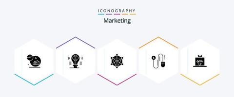 pacote de ícones de 25 glifos de marketing, incluindo marketing. marketing. imaginação. dólar. máquina vetor
