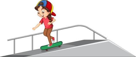 menina jogando skatboard na rampa em fundo branco vetor