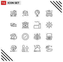 pacote de 16 sinais e símbolos de contornos modernos para mídia impressa na web, como elementos de design de vetores editáveis de cama infantil de casamento de resposta