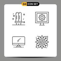 conjunto de 4 cores planas de linhas preenchidas vetoriais na grade para elementos de design de vetores editáveis de dispositivo de entretenimento fluorescente de computador de lâmpada