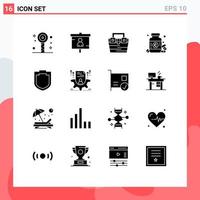 16 interface do usuário pacote de glifos sólidos de sinais modernos e símbolos de pílulas drogas seo dieta material elementos de design de vetores editáveis