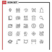 25 símbolos de sinais de linha universais de preparação de camada, moeda, comida, microfone, elementos de design de vetores editáveis