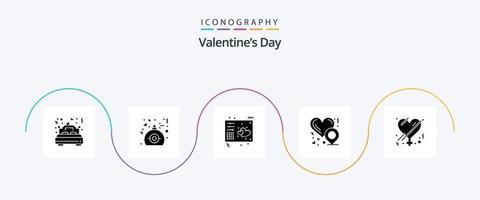 Pacote de ícones do glifo 5 do dia dos namorados, incluindo feminino. amor. presente. localização do coração. midi vetor