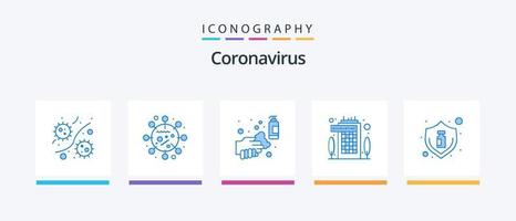 pacote de ícones coronavírus azul 5, incluindo quarentena. prédio. vírus. lavando. spray. design de ícones criativos vetor