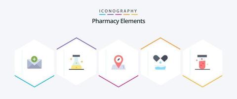elementos de farmácia 25 pacote de ícones planos, incluindo . laboratório. pílulas. teste. tubo vetor