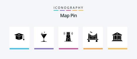 pacote de ícones de glifo 5 de pinos de mapa, incluindo . prédio. farol. banco. rio. design de ícones criativos vetor