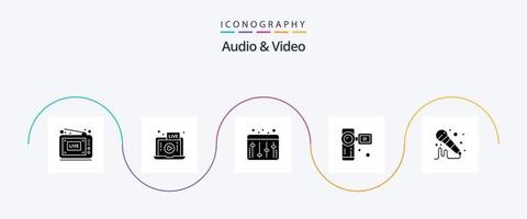 pacote de ícones de glifo 5 de áudio e vídeo, incluindo som. microfone. ajustamento. câmera de vídeo. Câmera vetor