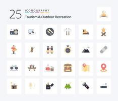 turismo e recreação ao ar livre Pacote de ícones de 25 cores planas, incluindo caminhante. ferramenta. almoço. lenhador. Machado vetor